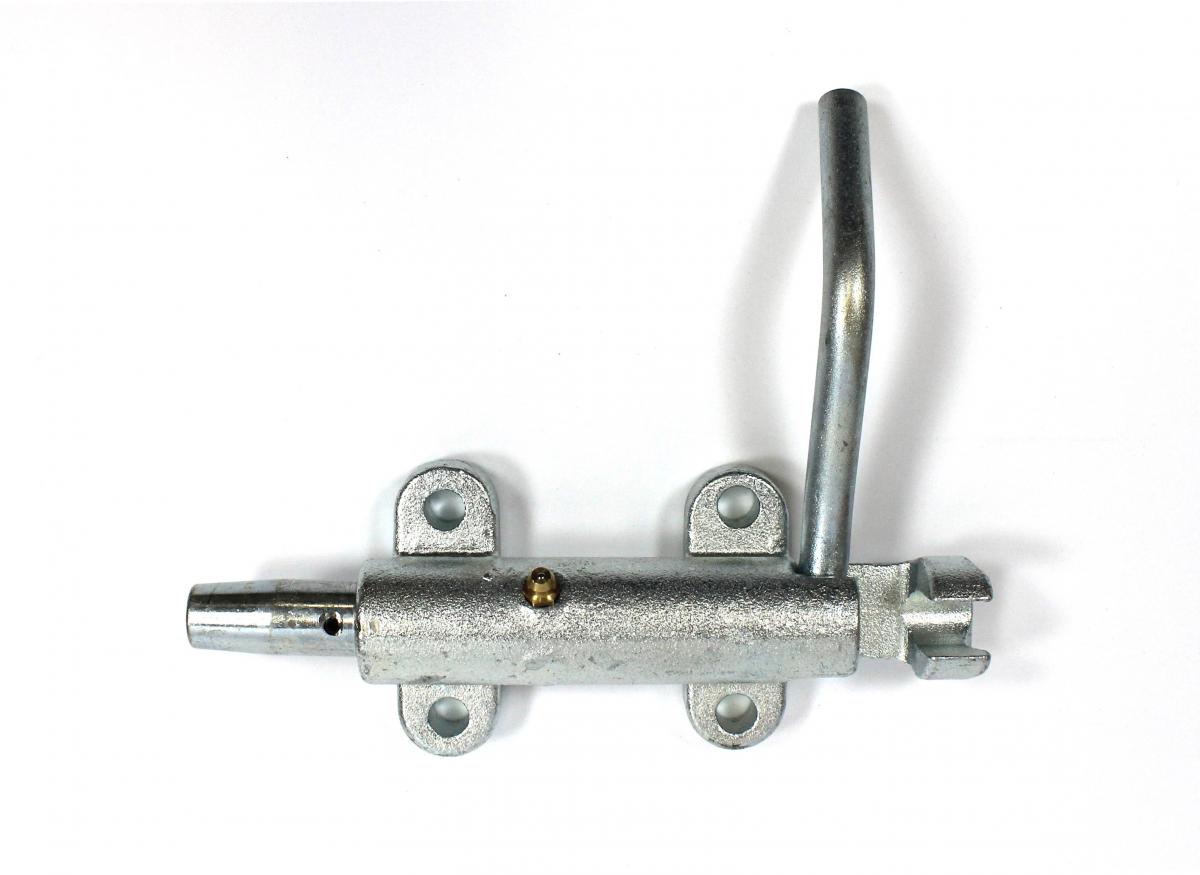 Federriegel rechts, verzinkt passend zu Terrax, Bolzendurchmesser 19 mm, Gehäuselänge 155 mm, Lochbild 53 x 73 mm