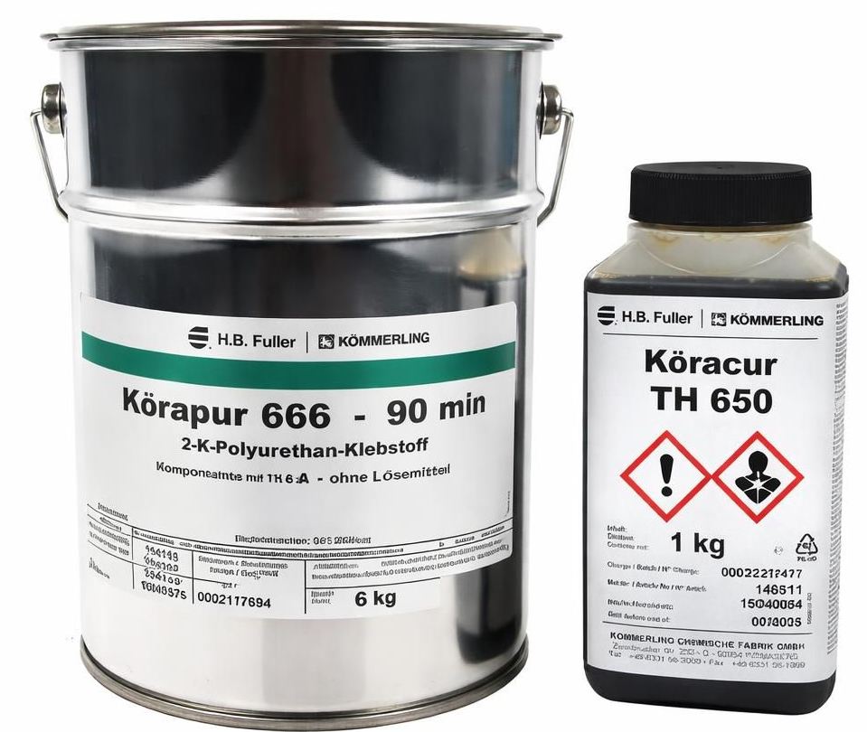 Gummikleber Körapur 666/90 860 g, Klebstoff + 140 g Härter, Reaktionsklebstoff zum Kleben von Metall mit guter Haftung zu Aluminium, Holz, PVC hart und GFK, 1 Gebinde 860g Kleber, 1 Gebinde 140g Härter, VerglNr: K-15040014