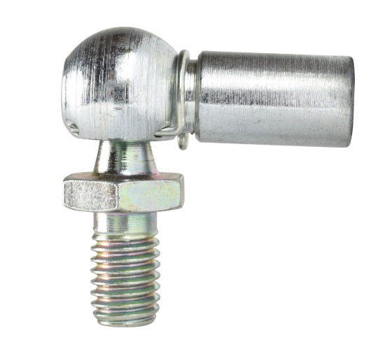 Winkelgelenk, verzinkt, M8 / M6 CS 10 x 25 mm, DIN 71802, A: Kugelzapfen M8, B: Gewindelänge Kugelzapfen 13 mm, C: Länge Kugelzapfen 13.5 mm, D: Länge Kugelpfanne 25 mm, E: Gewinde Kugelpfanne M6, SW 13 mm VerglNr: 280838