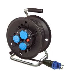 Kunststoff-Kabeltrommel, H07RN-F 3G2,5, schwarz, 25 m lang, einfaches verzinktes Gestell, Trommelkörper schwarz