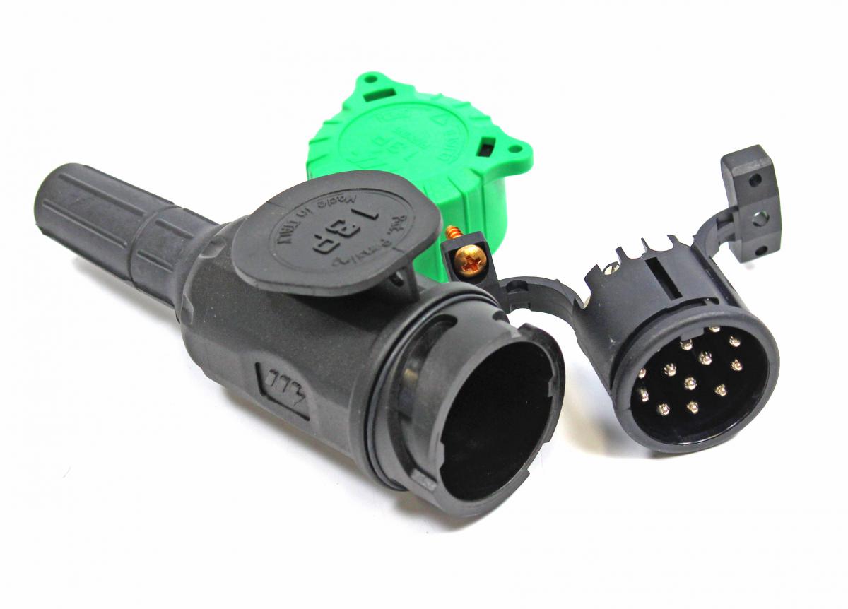 Stecker 13 polig mit 2 Kabeleingang, 8-polig belegt 6/7 mm, vrnickelt, menbaa