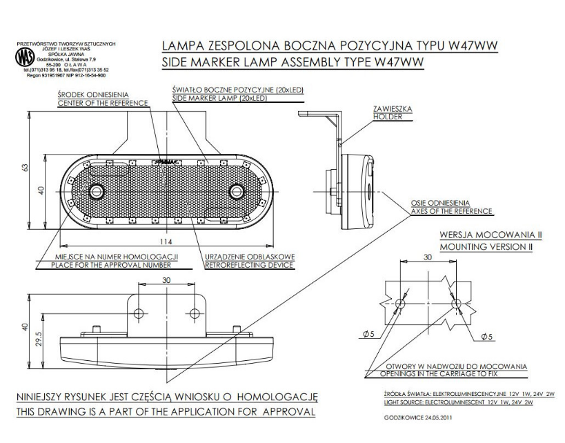 Seitenmarkierungsleuchte LED gelb, mit 90° Halter, 12/24V 114x40, WAS