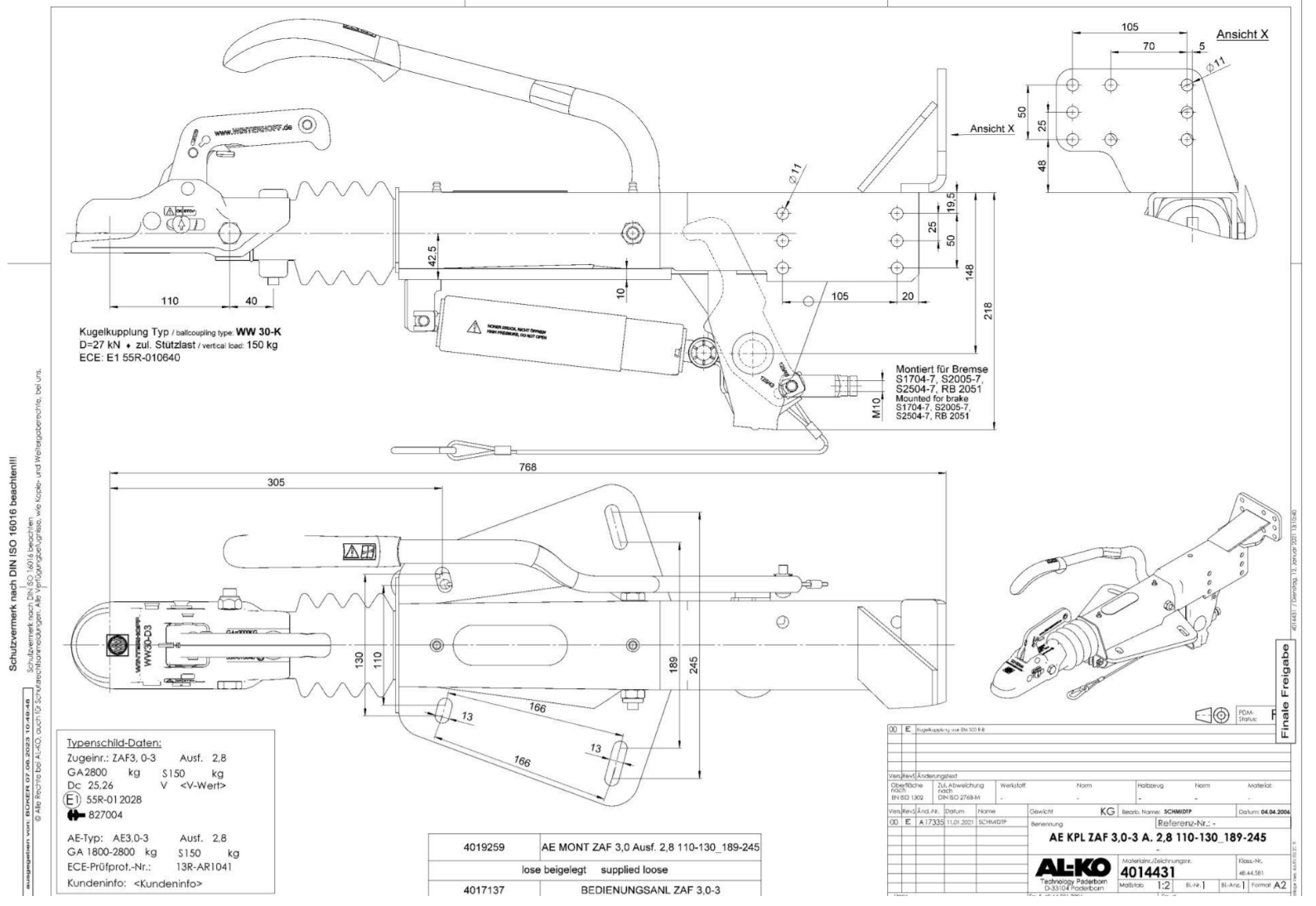 BPW V Auflaufeinrichtung ZAF 3,0-3 mit Stützradkonsole seitlich VerglNr: 48.44.581.202, 4844581202