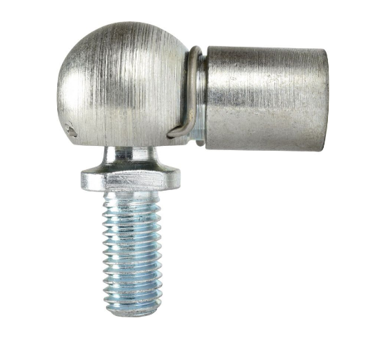 Winkelgelenk, verzinkt, M8 / M8 CS 22 x 13 mm, DIN 71802, A: Kugelzapfen M8, B: Gewindelänge Kugelzapfen 16 mm, C: Länge Kugelzapfen 13 mm, D: Länge Kugelpfanne 22 mm, E: Gewinde Kugelpfanne M8, SW 11 mm