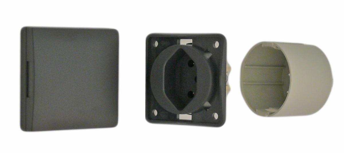 Steckdose kpl. mit Halterung u Rahmen , grau, Ausf. CH 