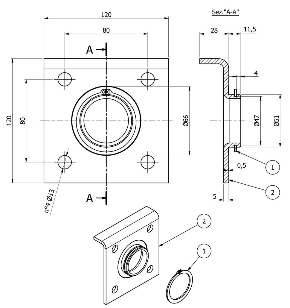 Flansch für Stützfuss, roh für 5055135 + 5055136, Lochabstand 80 x 80 mm VerglNr: 130289, LF/SF0121