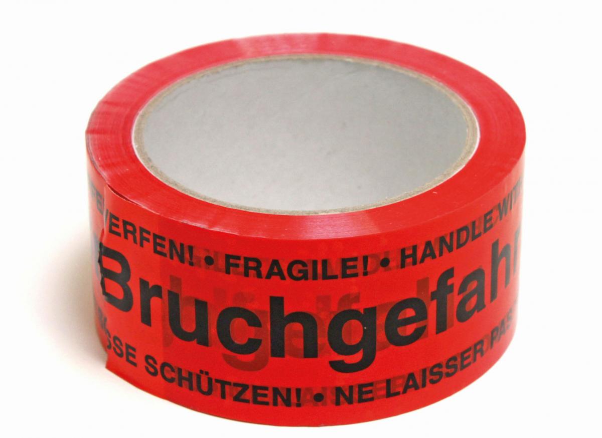 PP-Klebeband orange/schwarz 50mm/66m mit Druck Bruchgefahr