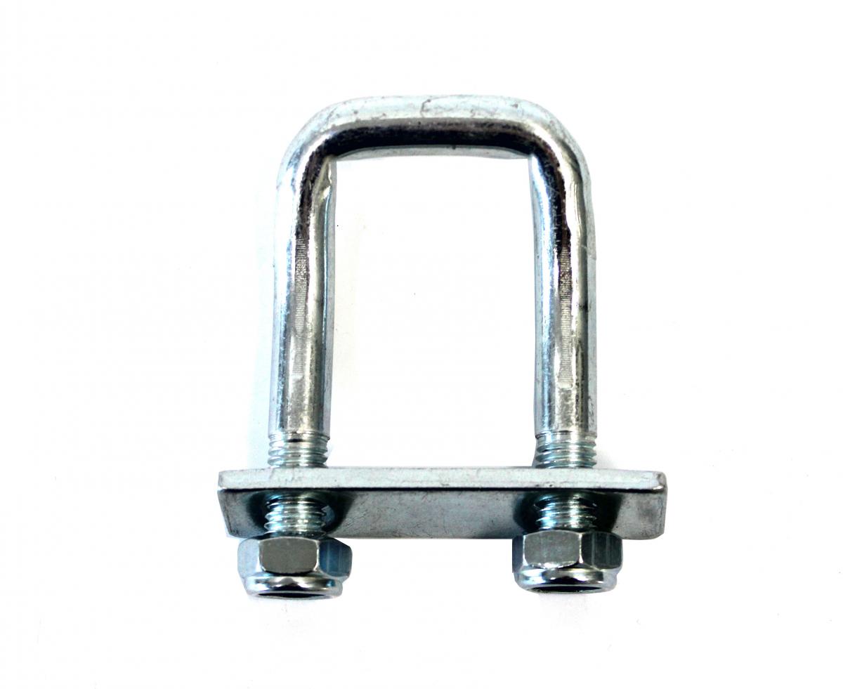 Zurrbügel für Bodenrahmenprofil, L83 x B50 mm, Ø 12 mm, oben 150° abgewinkelt kpl. mit Gegenplatte + Muttern, 1000 daN