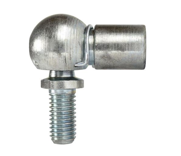 Winkelgelenk, verzinkt, M10 / M10 CS 30 x 16 mm, DIN 71802, A: Kugelzapfen M10, B: Gewindelänge Kugelzapfen 20 mm, C: Länge Kugelzapfen 16 mm,  D: Länge Kugelpfanne 30 mm, E: Gewinde Kugelpfanne M10, SW 13 mm
