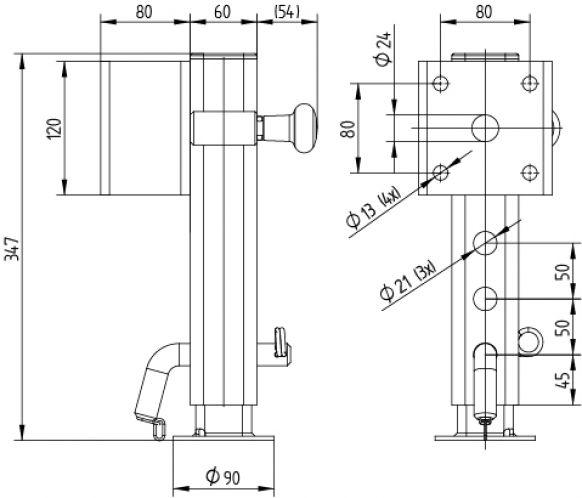 KNOTT Stützfuss TL 60, vz., klappbar mit Steckbolzensystem 60x4, Hub 200 mm max. Tragkraft 1300 kg VerglNr: 6D8572.001, 6D8572001