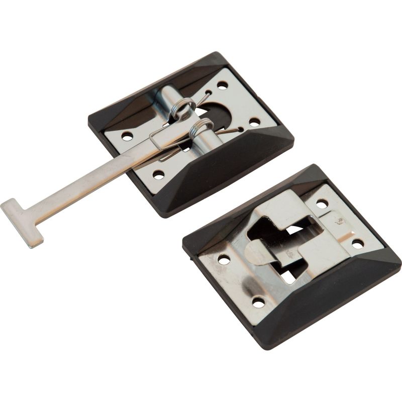 Türfeststeller-Satz aus Nirosta, 1x Türfeststeller 122 x 40 mm, Bohrungen 5 mm, 1x Halteteil 67 x 40 mm, Bohrungen 5 mm, 2x Schutzeinfassung 70 x 60 x 15 mm, Bohrungen 5 mm, VerglNr: 008000425, 408945001